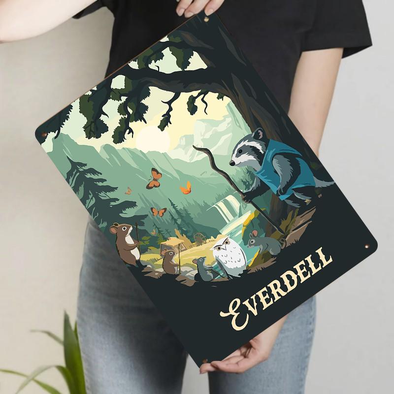 Everdell Forest Adventure Metal Wall Art Raccoon Owl Animal Friends Mountain Landscape Decor 20x30cm(7.8x11.8inch)