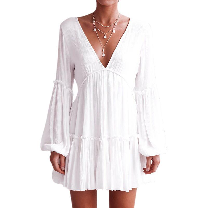 2026 Spring/Summer Sexy European & American Women's Deep V-Neck Long Lantern Sleeve Solid Color Dress