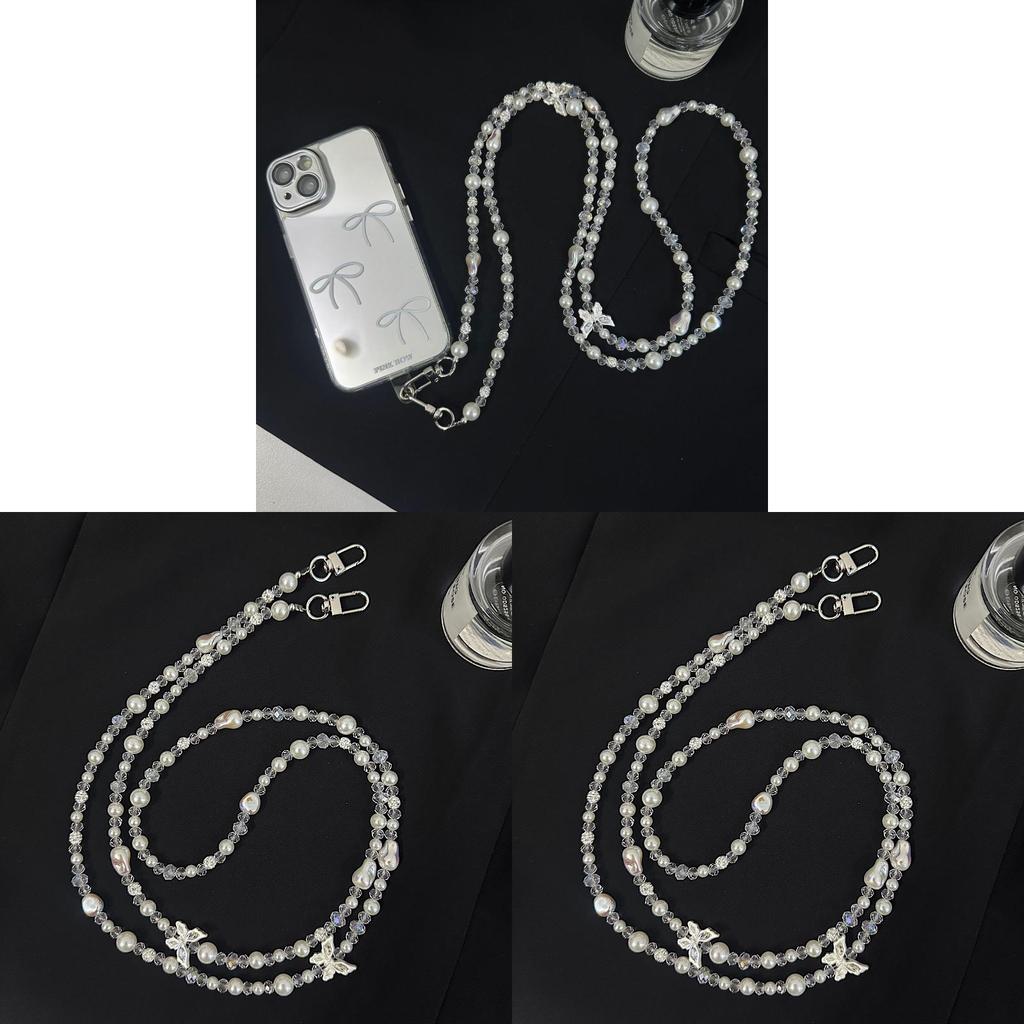 Pvc Pearl Butterfly Phone Lanyard With Beaded Chain For Women And Men