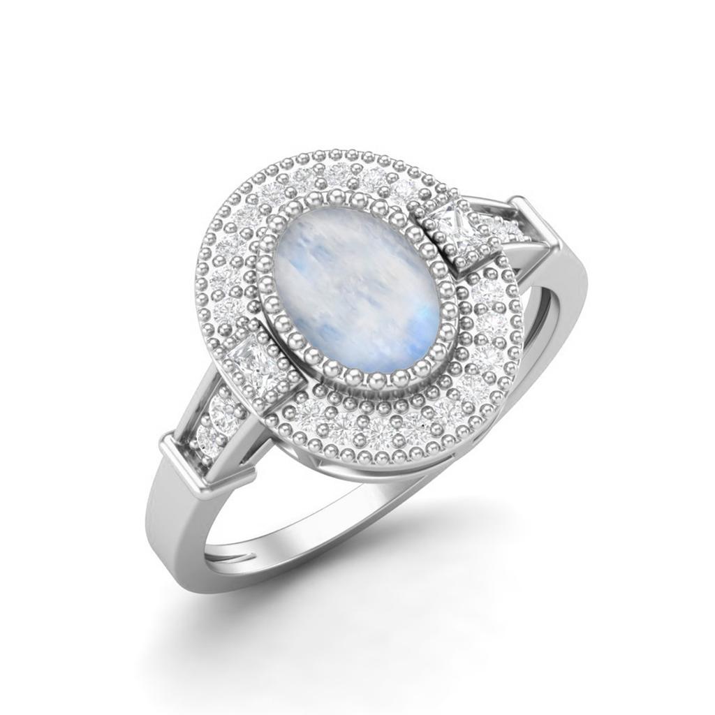 1.48 Ctw Oval Shape Moonstone 925 Sterling Silver Solitaire Halo Women Bridal Ring