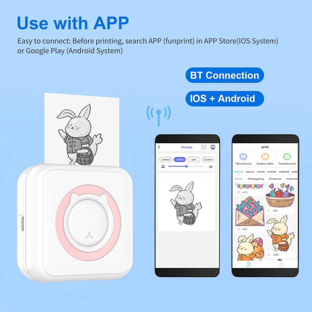 Bluetooth Connect 200dpi Tintenloser Aufkleberdrucker Fotoetiketten-Memo Tragbarer Handdrucker Mini-Mini-Mobildrucker