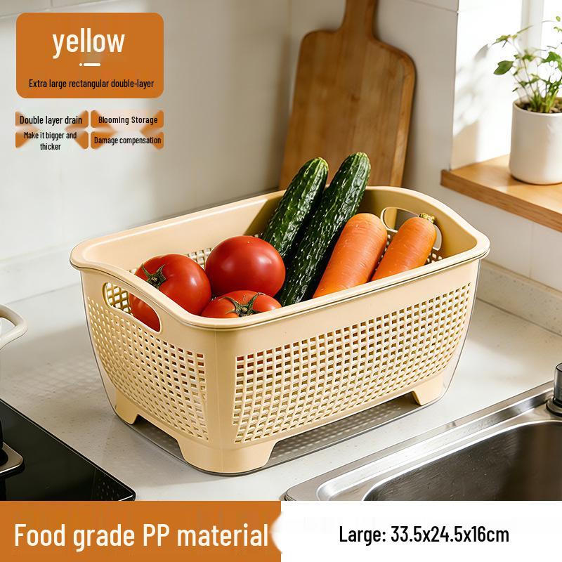 Dual-Layer Draining Basket for Vegetables, Fruits, and Rice - Large Capacity Storage Basin