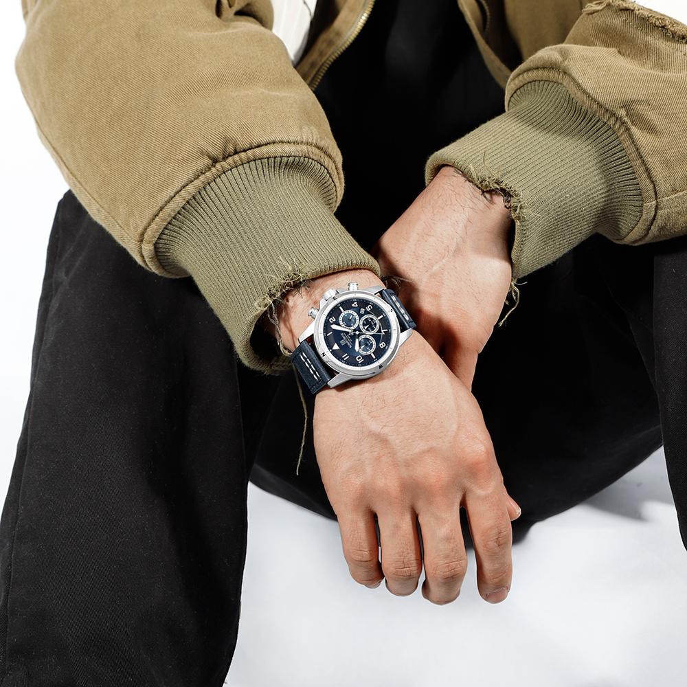 NAVIFORCE Original Men Quartz Watch Chronograph Mini Dial Calendar Date Leather Strap Luminous Hands 30m Waterproof Men Watch Gift NF8077