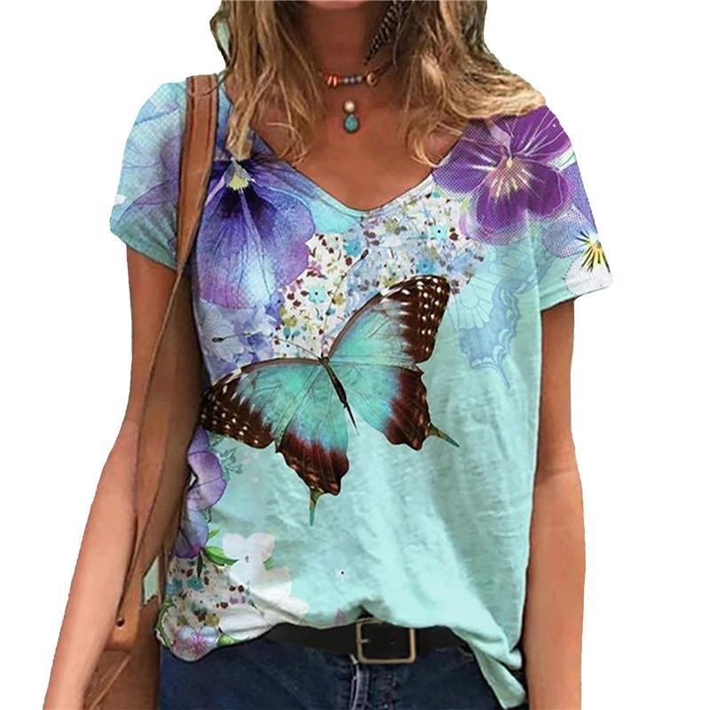 Oversized New 2025 Summer Women 3D Print Casual Street Hipster V-Neck Short Sleeve Clothing Loose