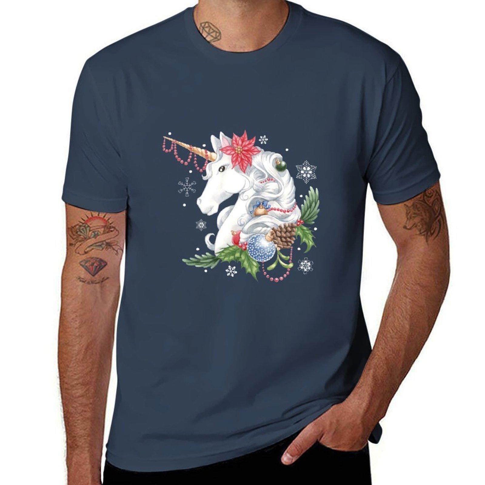 Christmas Unicorn Snow Background TShirt Street Style Casual Tee Shirt S