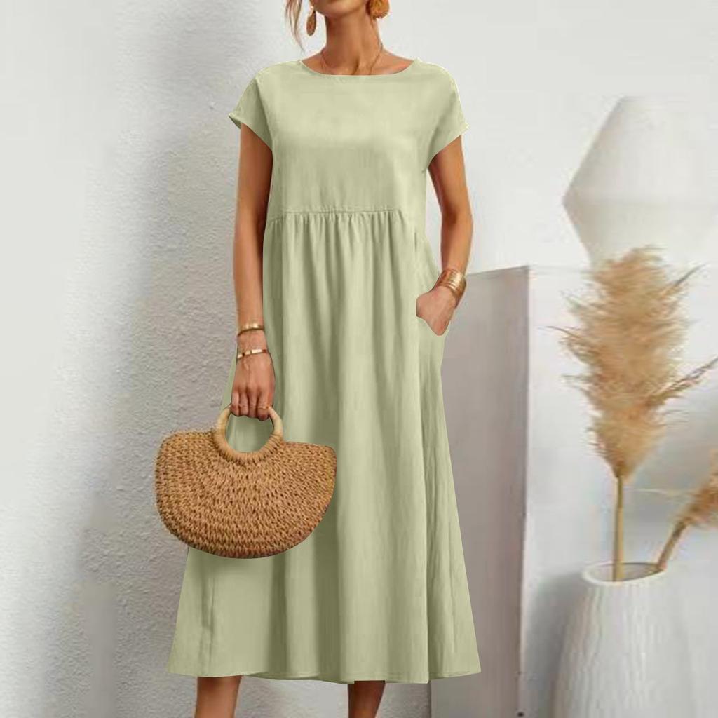 Abito da donna colorato a maniche corte, ampio, in cotone e lino, con tasche