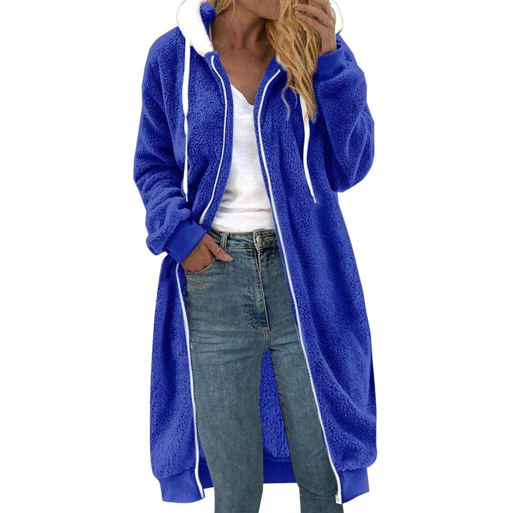 Ladies' Loose Comfortable Casual And Fashionable V-neck Long Sleeved Medium To Long Double-sided Plush Hooded Jacket