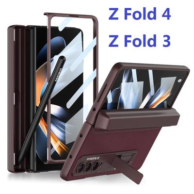 Dobradiça magnética para Samsung Galaxy Z Fold 3 Fold 4 Case Protetor de tela de vidro Couro Slot para caneta Caixa Suporte Capa
