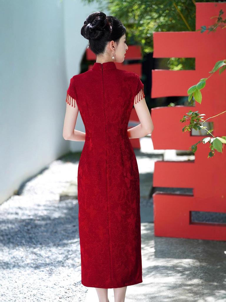 Lace Jacquard Crescent Sleeve Long Cheongsam Dress - 2025 New Style for Mother’s Wedding Banquet