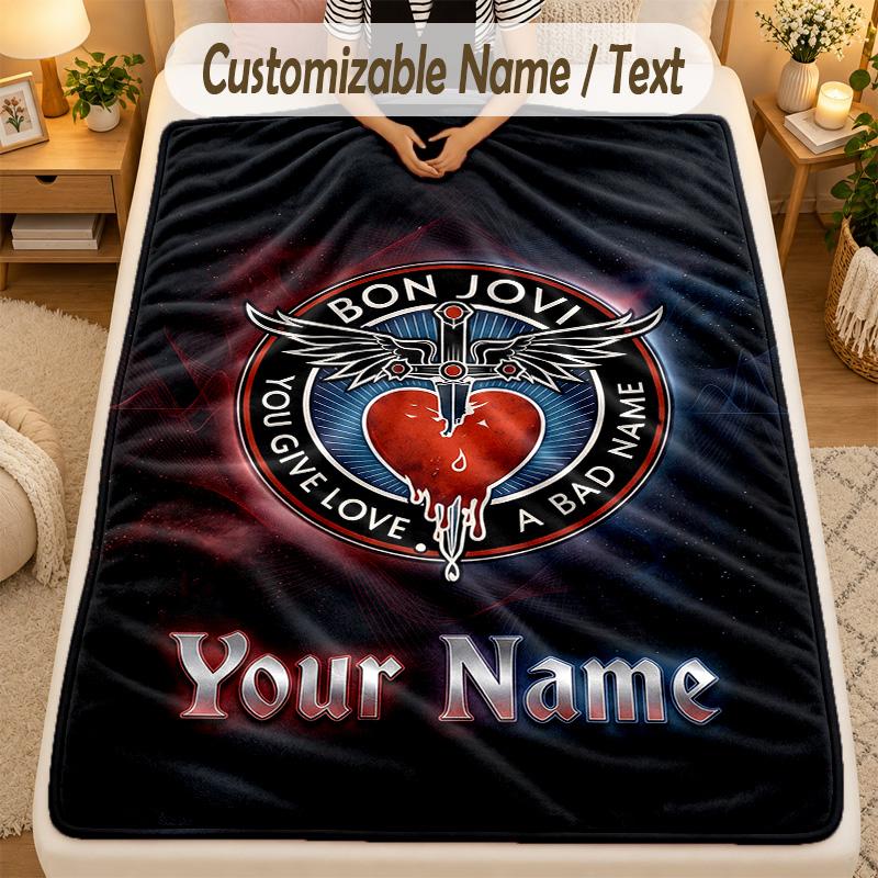 Flannel BlanketBon Jovi Custom Name Text Personalized Soft Warm Throw Blanket Home Decor Gift