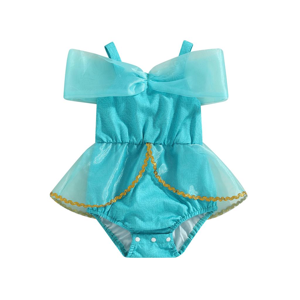 Baby Girls Summer Casual Tutu Romper Blue Short Sleeve Off Shoulder Tulle Romper