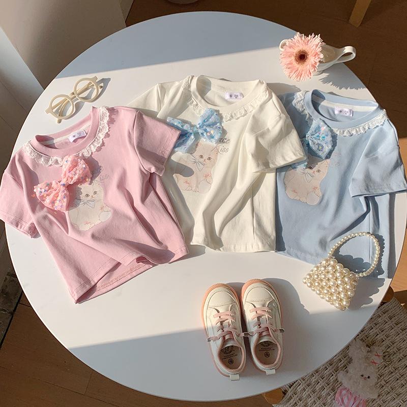 Girls' Casual Lace Short-sleeved T-shirt For Summer, Cute Cat Print Children's Top