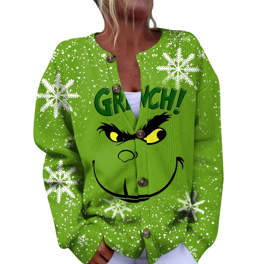 Women's Fashion Christmas Printed Long Sleeve Knitted Cardigan Button Down Jacket