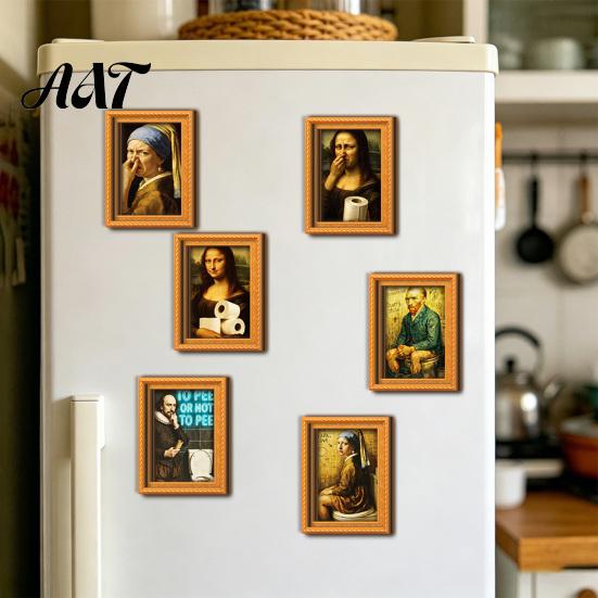 Modern Office Storage Decor Funny Small Wooden Fridge Magnet Picture Frame, Vintage Oil Painting Pattern Retro Style Frames Magnetic Refrigerator