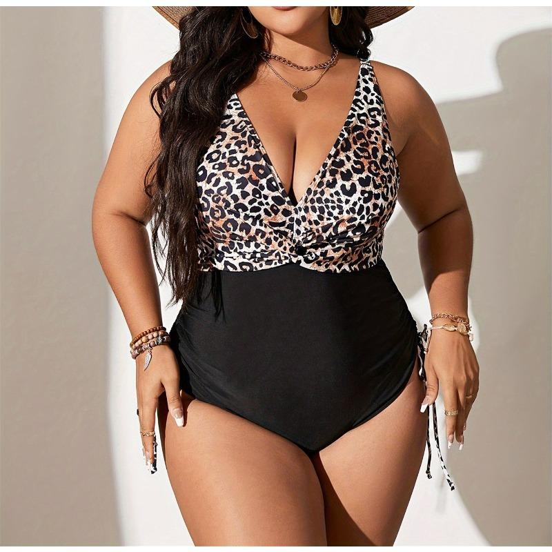 New Plus Size Swimsuit Women's Leopard Print Multi-color One-piece Slim Backless Drawstring Bikini