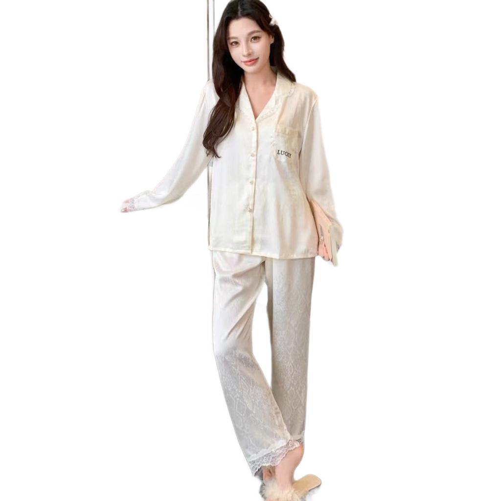 New spring and autumn ice silk solid color pajamas women's long-sleeved cardigan set, sweet and high-end loungewear, light luxury can be worn outside