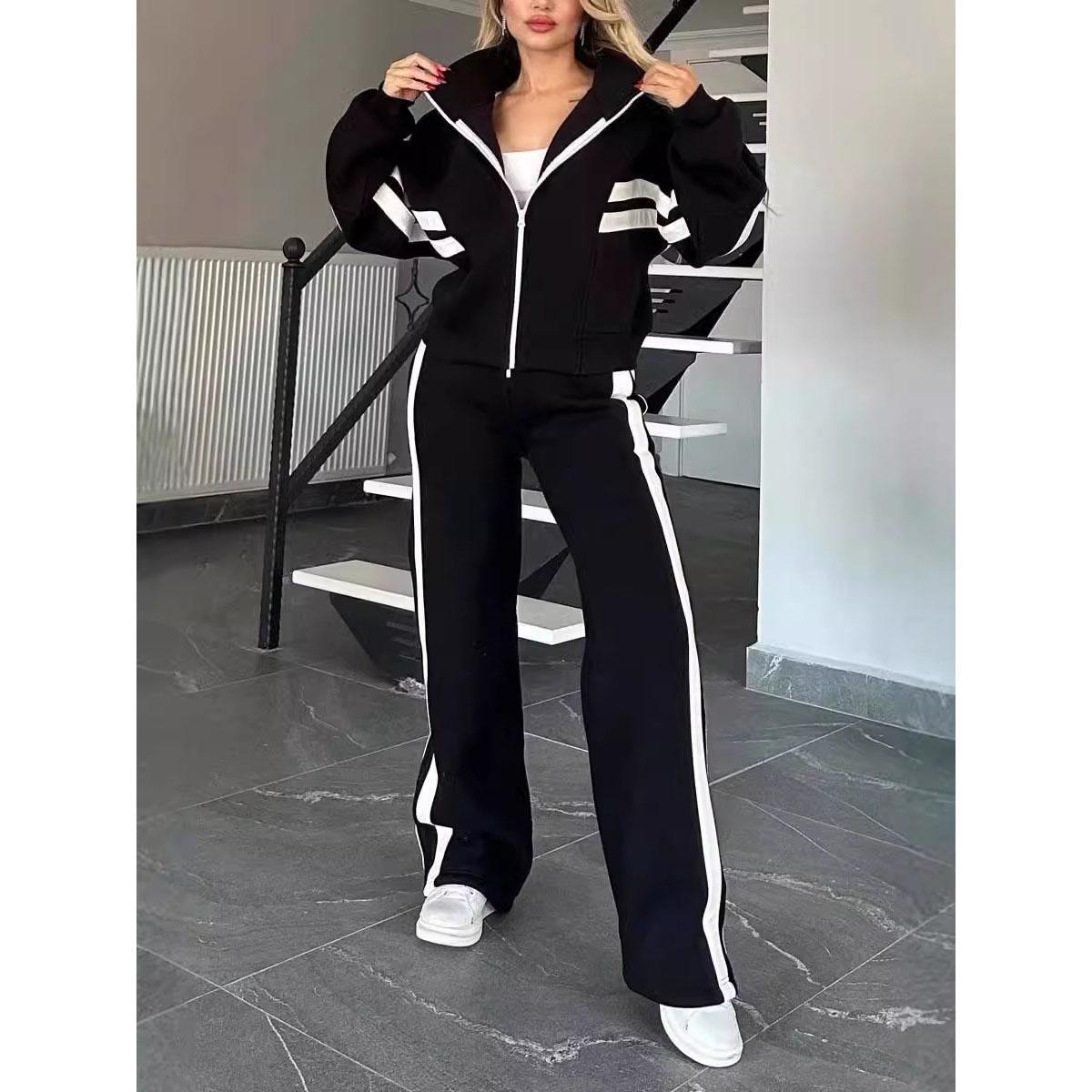 

Женский костюм с капюшоном Y2K, полосатая куртка свободного кроя на молнии, верхняя одежда и брюки с высокой талией и полосками по бокам, спортивные комплекты XXL чёрный