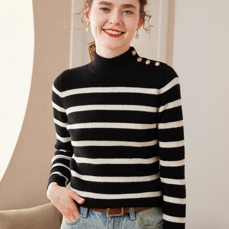 

Полосатый кашемировый свитер с полуворотником для женщин Осень-Зима Новая модная и универсальная кашемировая базовая рубашка Приятный к коже и теплый топ XL