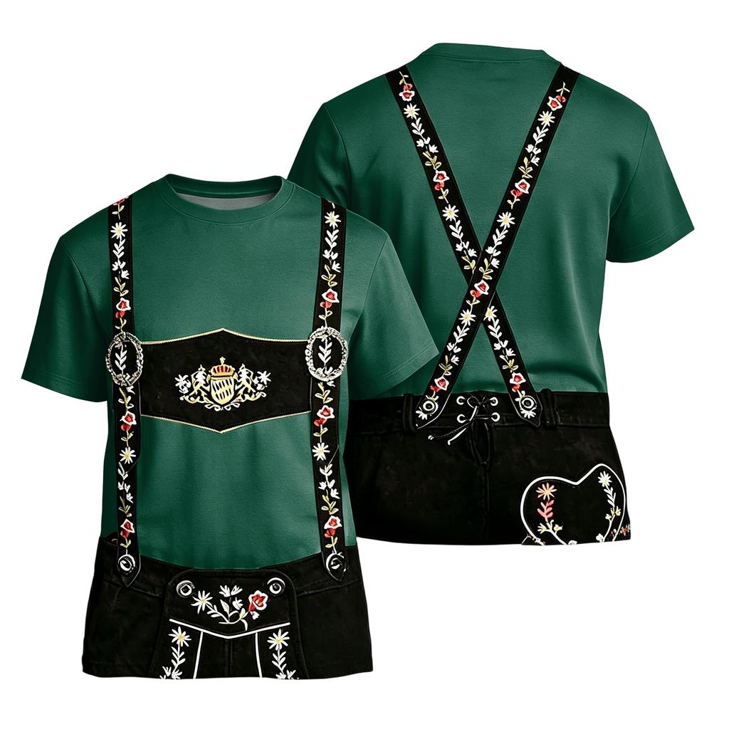 Men's Oktoberfest Short Sleeve T Shirt Vintage Texture Print Loose Fit Casual Summer Daily Wear Top with Embroidered Suspenders Design