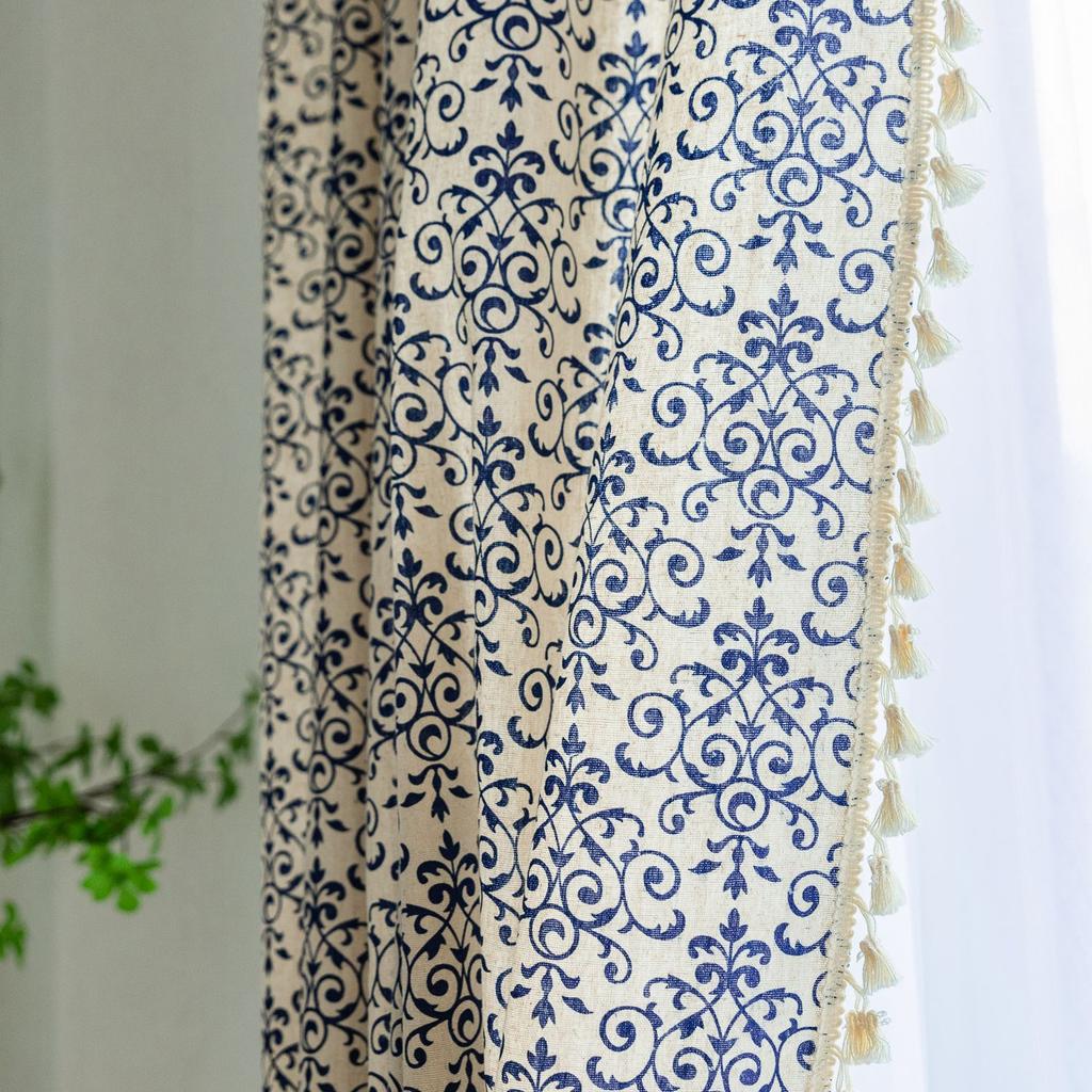 Curtain Finished Coffee Short Curtain Small Window Shame Half Curtain Blue Printed Curtain