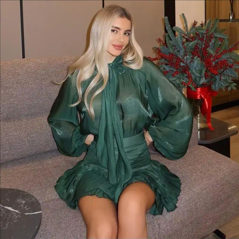 Elegantní mašle na sukni, obleky pro ženy, šněrování, O-výstřih, halenka s lanternovými rukávy a vysokým pasem, sladká skládaná sukně, jarní nová sada 2 kusů