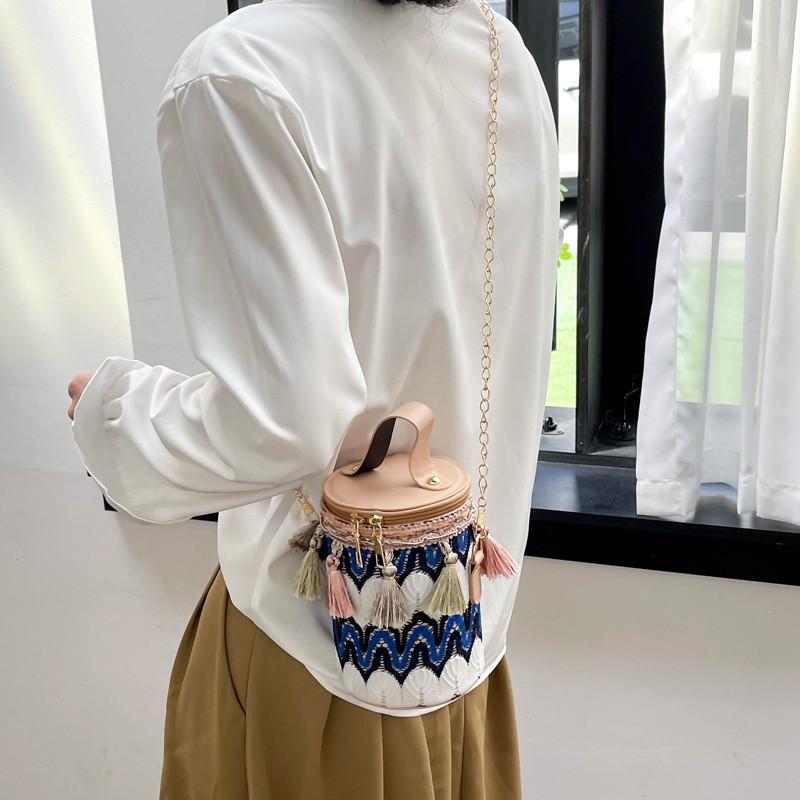 Tassels Style Ethnic Chain Strap Tote Cylinder Crossbody Bag For Women Use Daily