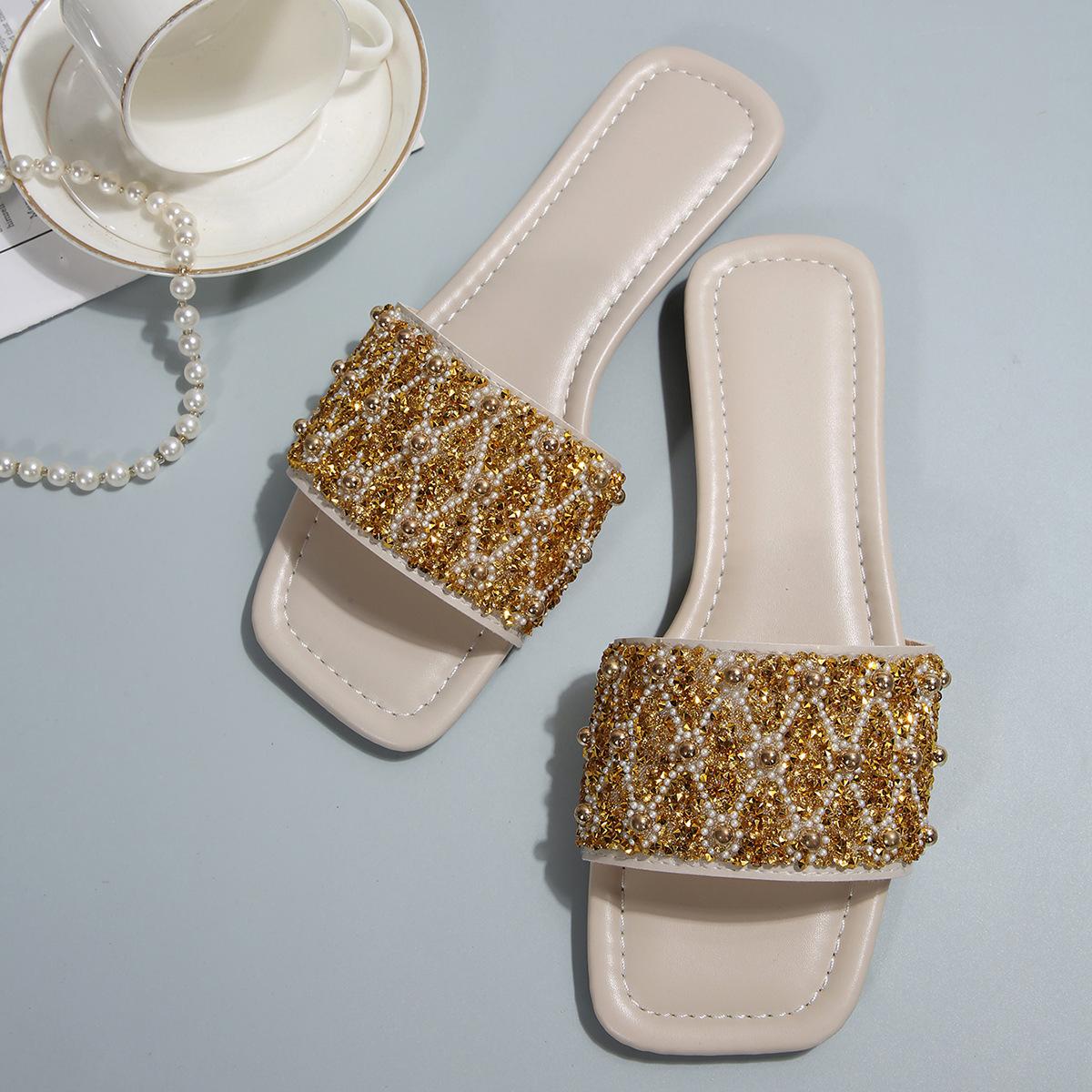 

[Внешняя торговля] Женские летние шлепанцы на плоской подошве для внешней носки, модные повседневные сандалии с квадратным носком, украшенные жемчугом и стразами 43 коричневый