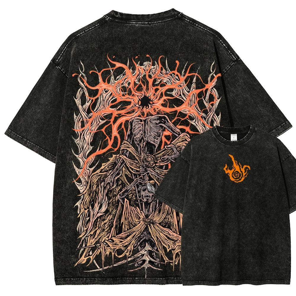 Elden Ring Anime Lover Washed T-shirt Year Round Clothing High Quality Personality Clothes Plus Size Unisex New Model Couples Tee