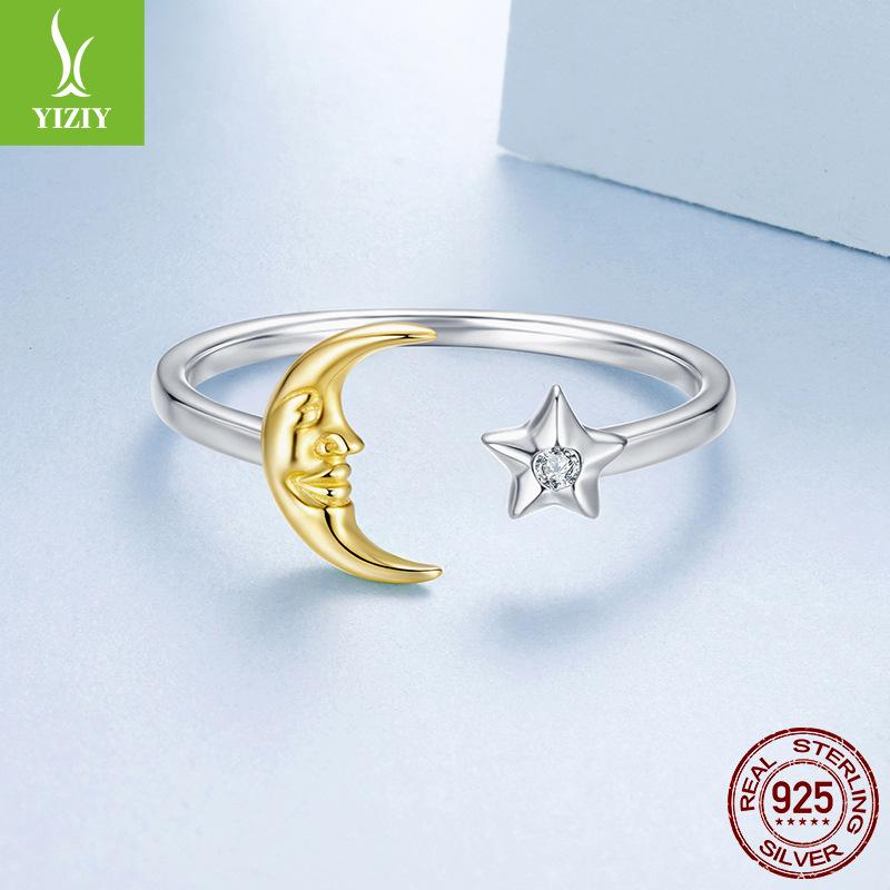 Shining Star And Moon Open Ring Women'S Niche Light Luxury S925 Sterling Silver Ring Jewelry
