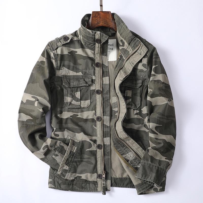 Herren Grün Camouflage Retro Jacke mit Reißverschluss - Lockerer Schnitt, Ideal für Frühling & Herbst