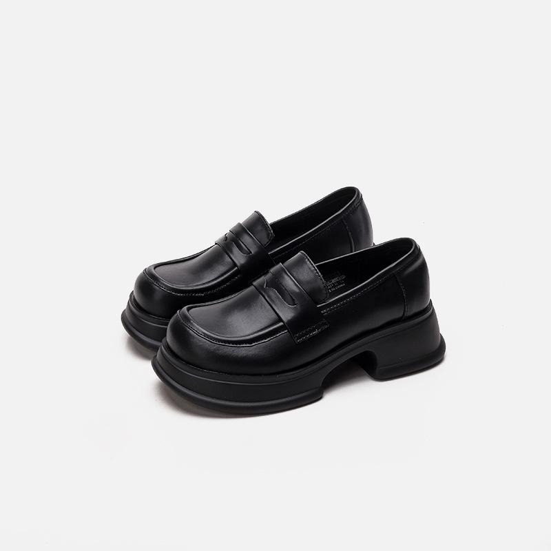 Slip-on Thick-soled Loafers Women's New Spring and Autumn Black Heightened Retro British Style Small Leather Shoes
