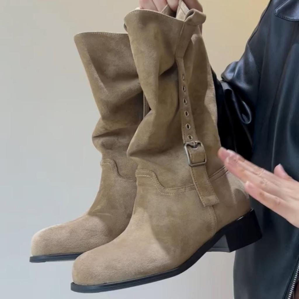 Cowhide Edition~ Maillard Suede Western Cowboy Boots Women's Folded Round Head Pile Boots Skinny Thick Heel Knight Boots