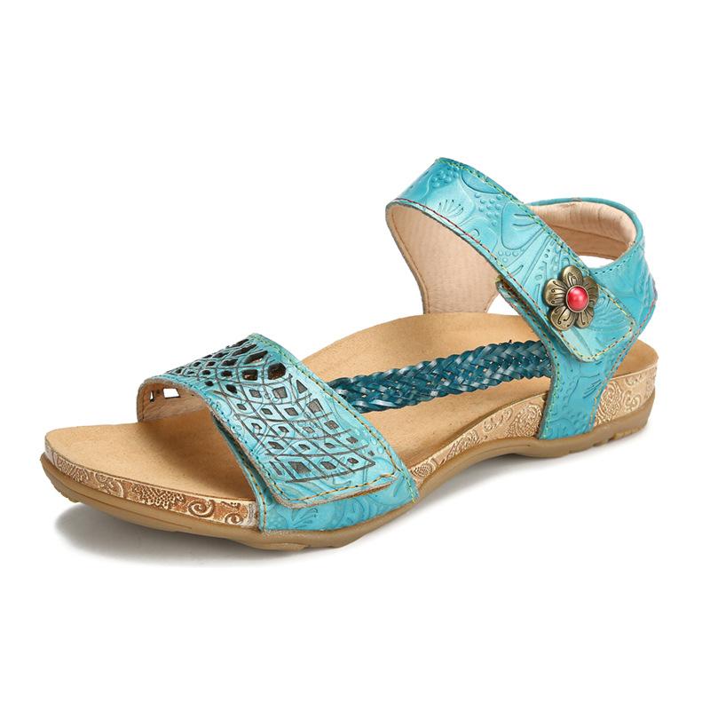 

Johnature Женские сандалии ручной работы в этническом стиле, свободные сандалии на плоской подошве в стиле ретро с круглым носком и цветком, из натуральной кожи 36 синий