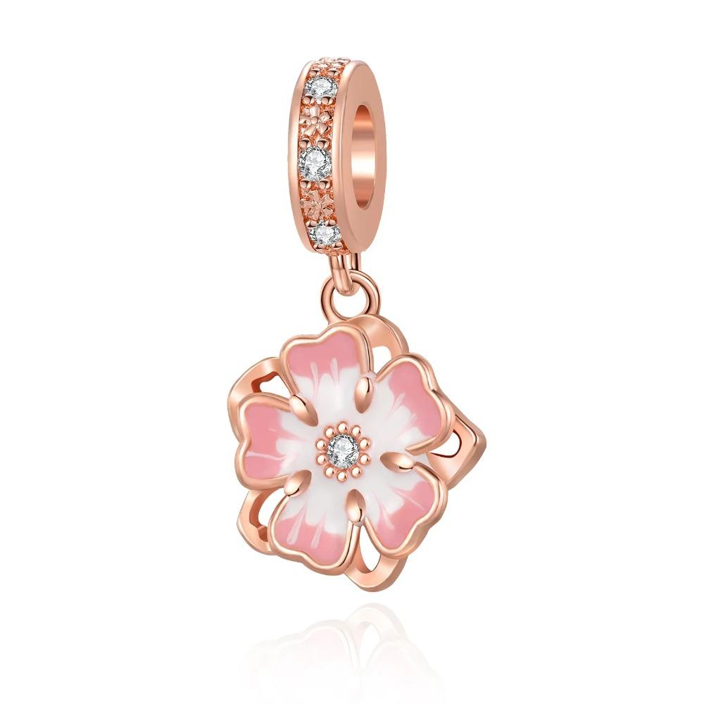 925 Silver Pink Blossom Dangle Charm Butterfly Heart Flower Rose Bird Bead For DIY Necklace Bracelet Fine Jewellery