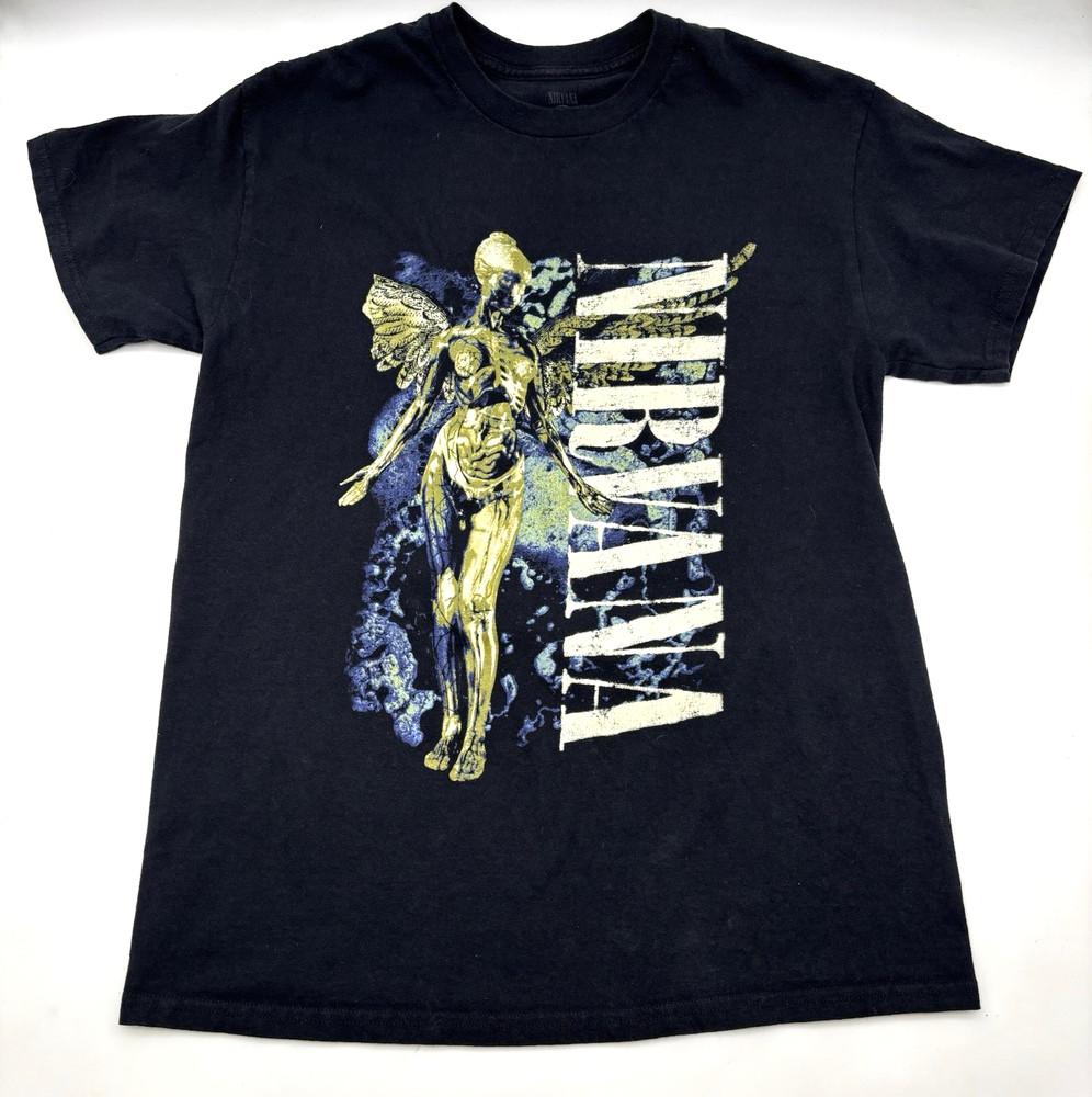 Nirvana In Utero Vertical Logo Angel Graphic Print on Black T-shirt Unisex M Unisex T-Shirt