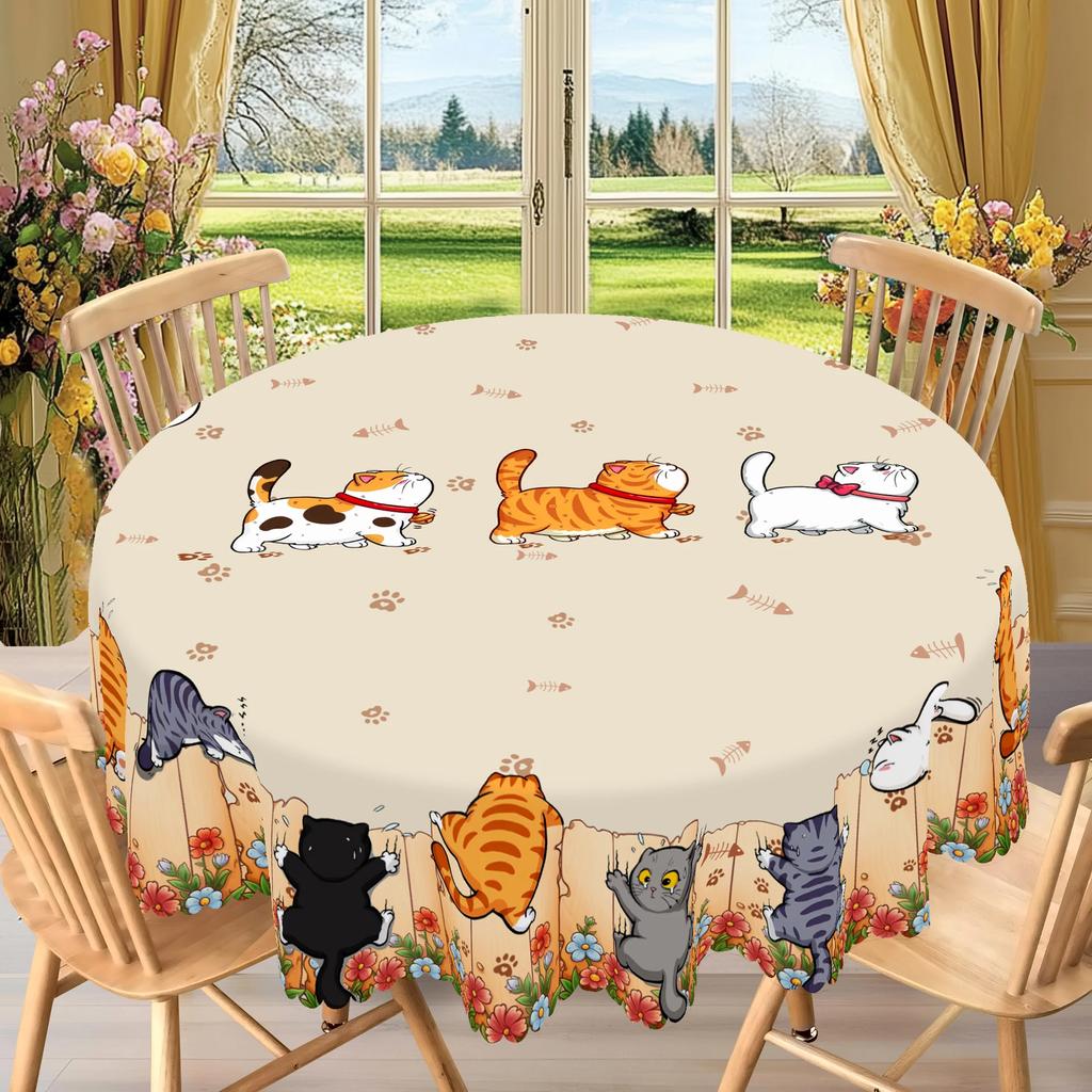 Kitchen Table Cloth Cute Cat Round Tablecloth Home Decor Available Cartoon Pattern Printed Desk Tablecloth Process Courtyard