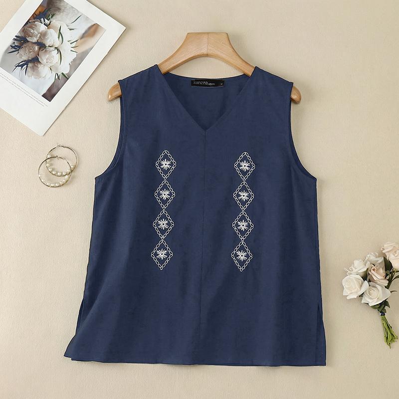 ZANZEA Women Casual V-Neck Summer Sleeveless Print Tank Tops