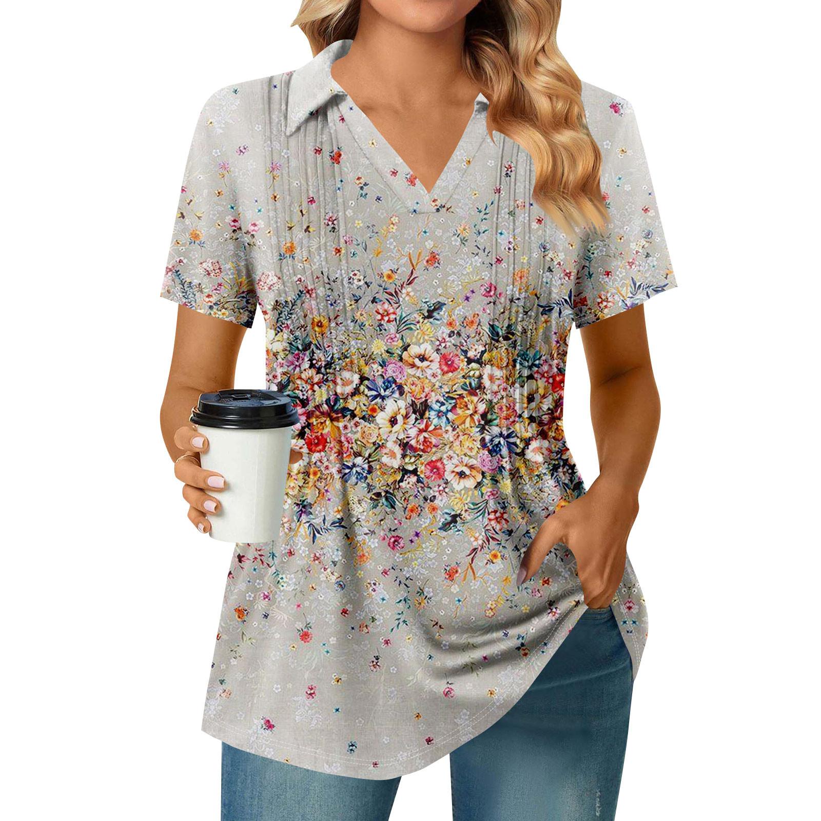 

Женские футболки с коротким рукавом, плиссированные, с V-образным вырезом, с принтом, с воротником, летние топы, модные, деловые, повседневные, рабочие XL