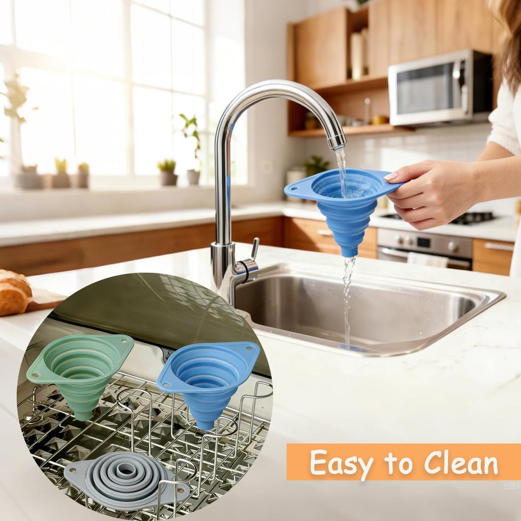Kitchen Funnel Set 3 Pack, Collapsible Silicone Funnel for Kitchen Use, Small Funnels for Filling Bottle, Transfer Liquid, Oil and Powder, Food Grade