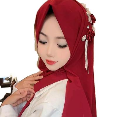 Wool Square Chiffon Scarf with Pearl Handmade Glass Flower & Tassel for Muslim Women's Bags and Headwear
