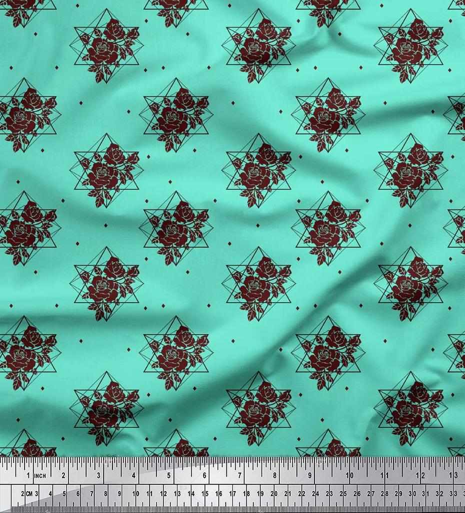 Soimoi Green Poly Crepe Fabric Geometric & Rose Floral Printed Fabric 1 Yard 42 Inch