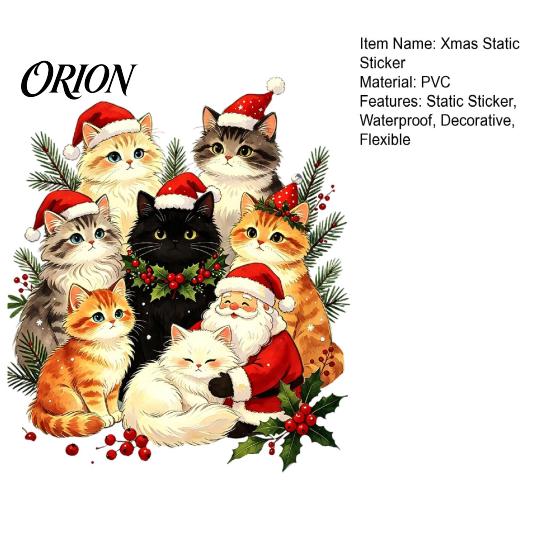 Cat Theme Party Supplies Christmas Static Cling Decal, Waterproof PVC Festive Window Sticker, Kids Room Wall Art Easy Apply Decorative for Home Living