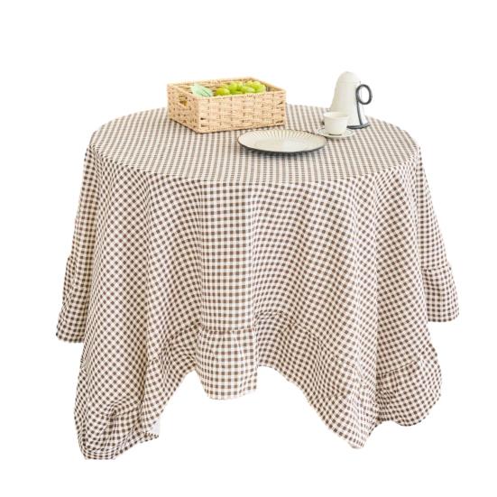 Tablecloth Farmhouse Style Plaid Pattern Ruffled Edge Tablecloth Round Shape Soft Cotton Linen Fabric Cloth Table Cover