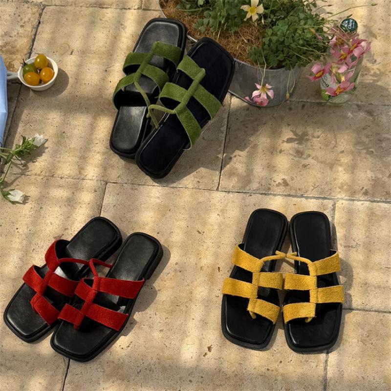 New Foot Flat Slippers Summer Toe Slippers Women's Casual Solid Color Dopamine Cool Slippers Large and Small Size Women's Shoes