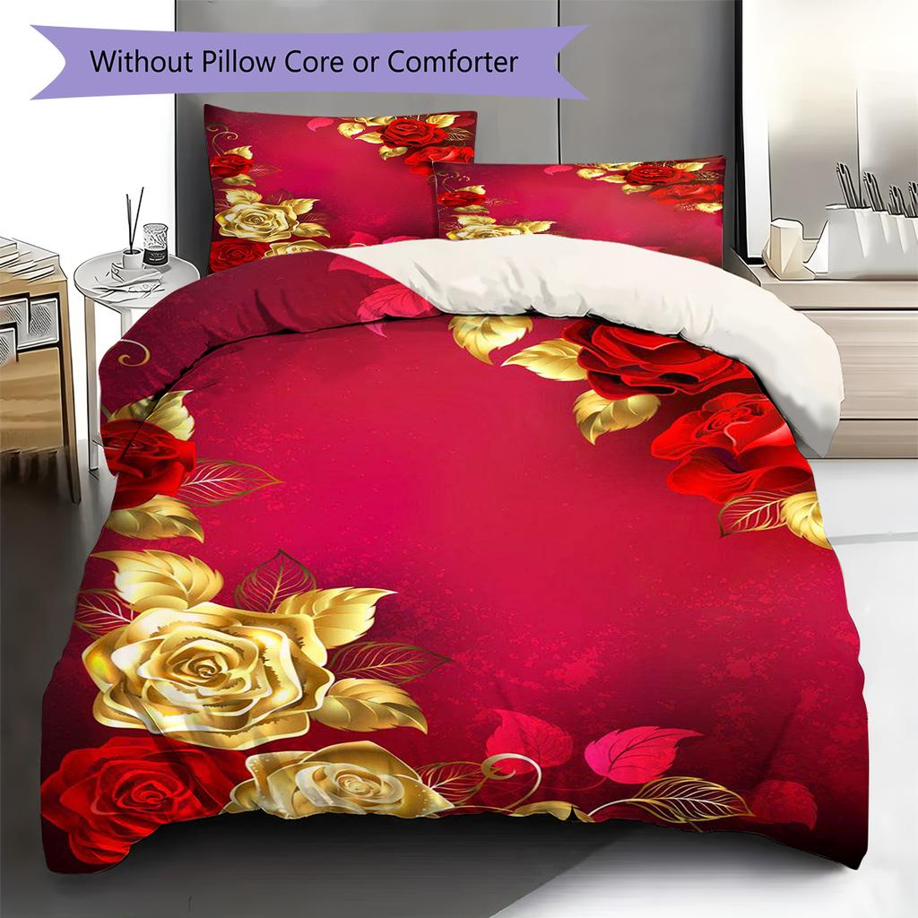 Golden Flower Pattern Bedding Quilt Set Quilt Cover Pillowcase Home Decoration Gift (1 * Duvet Cover + 2 * Pillowcase, Without Core)