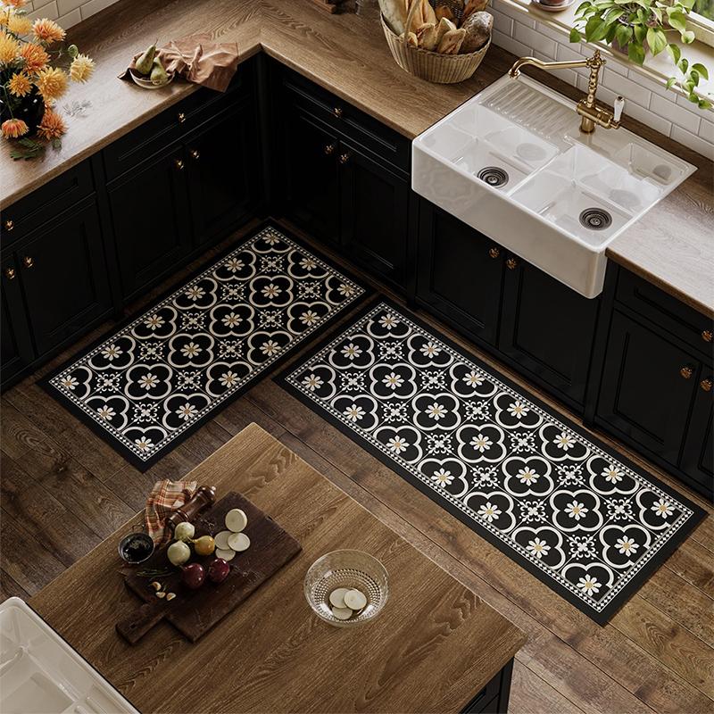 Kitchen Floor Mat Waterproof Non-slip Wash-free Carpet PVC Leather Strip Rugs American Black and White Home Decoration Foot Mats
