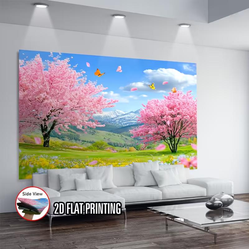 2D Bunte Schmetterlinge und Kirschblütenbäume in einer grünen Frühlingslandschaft