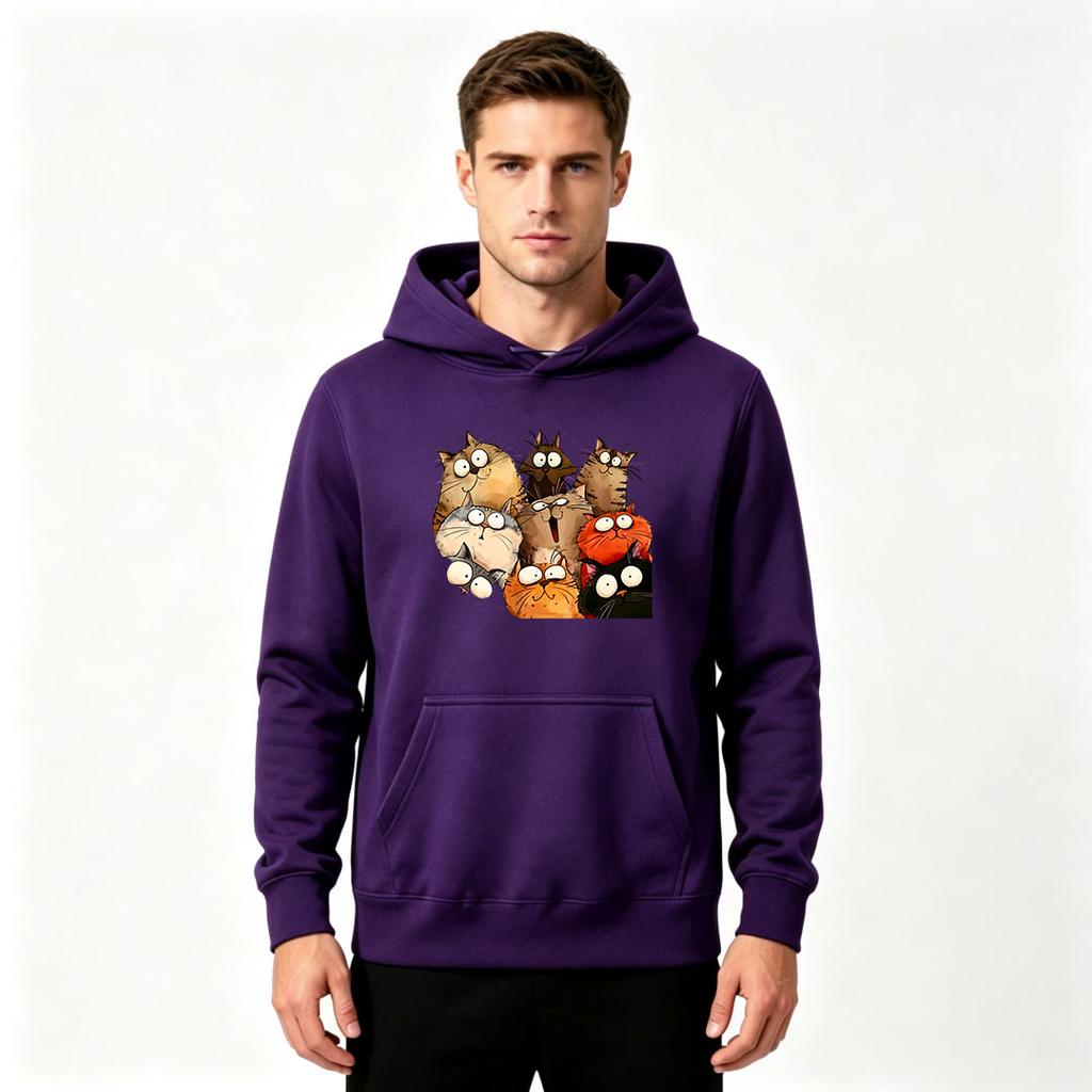 Men's Pullover Hoodie, Funny Cartoon Cat Group Print Casual Long Sleeve Hooded Sweatshirt for Daily Wear