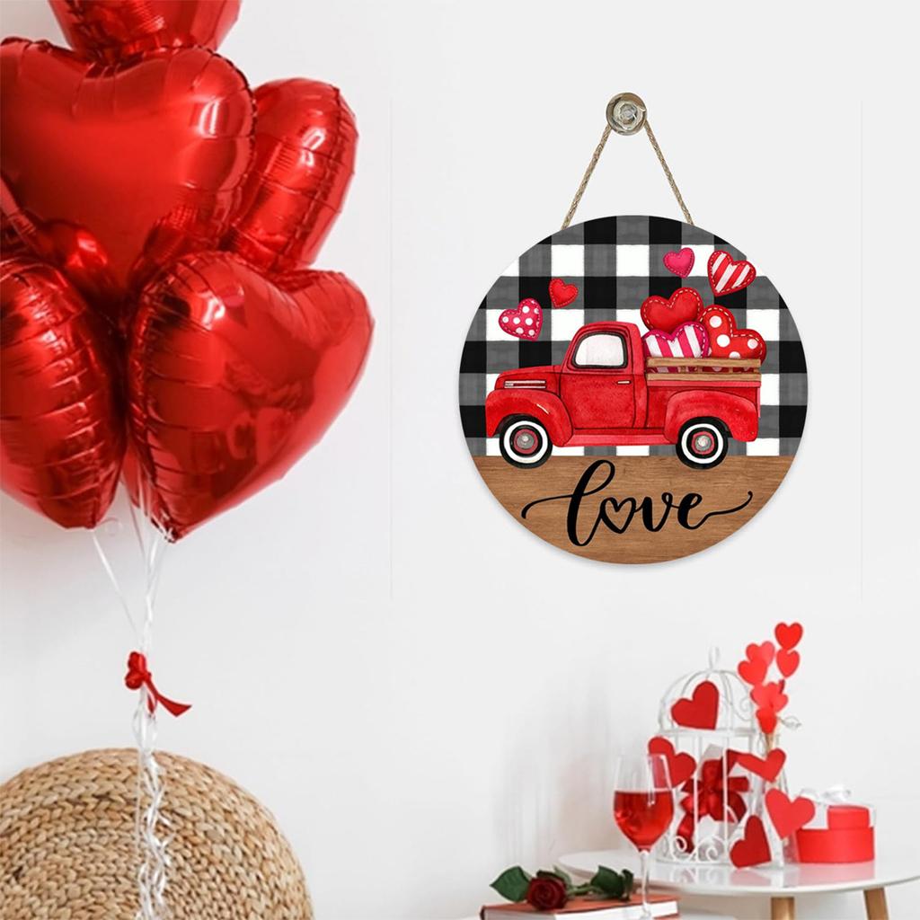 Valentines Day Wooden Door Signs Red Truck Hearts Wood Door Hanger for Front Door Farmhouse Home Party