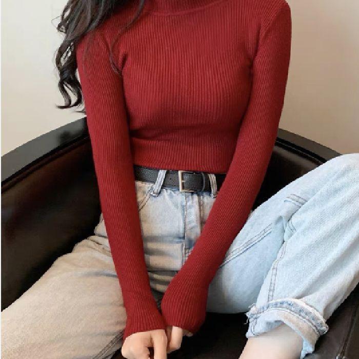 For Autumn and Winter, Wear A Fitted Long-sleeved Semi-high-neck Knitted Sweater As A Student Top